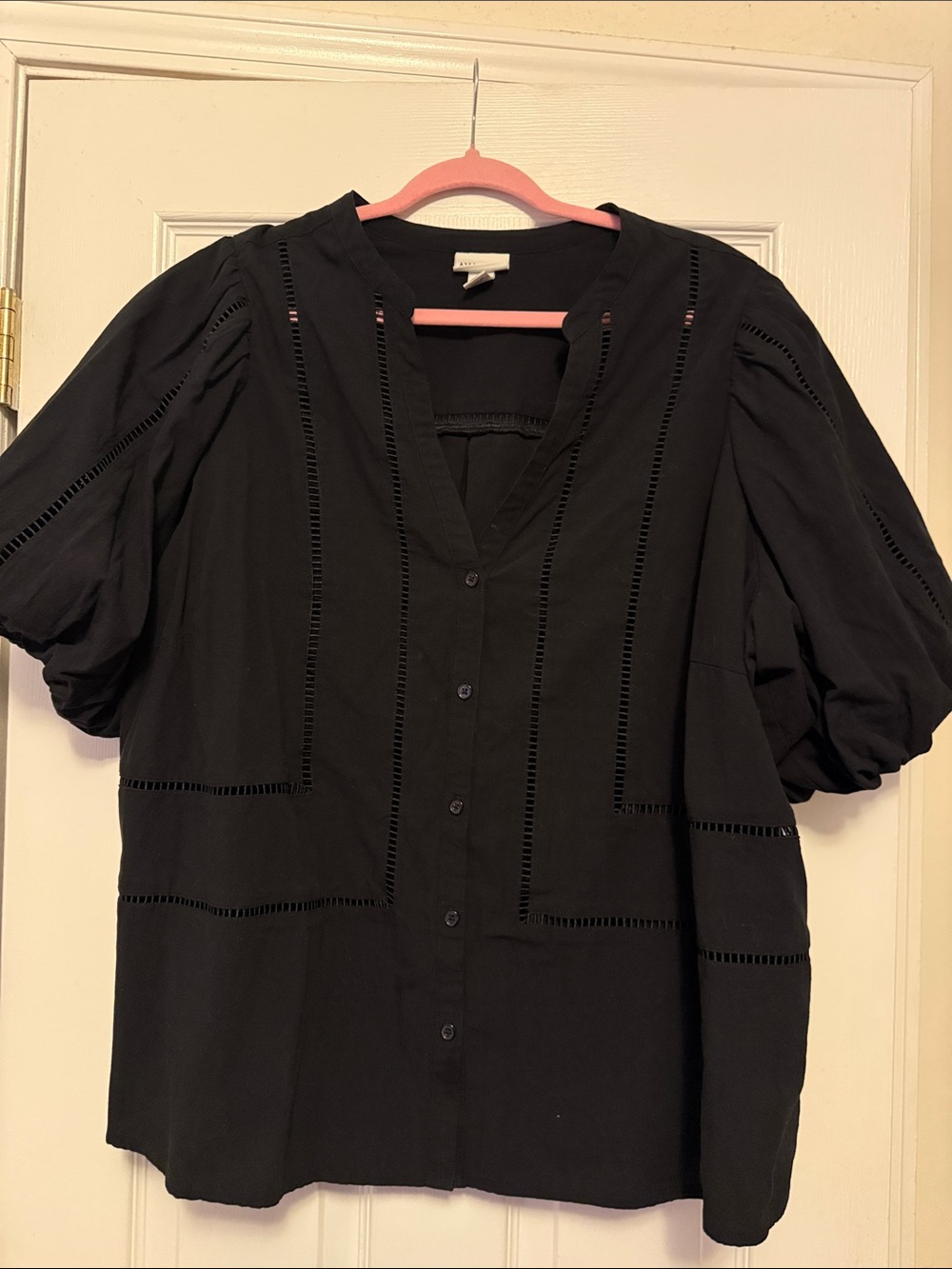 Ava & Viv Black V-Neck Button-Front Blouse with Eyelet Trim